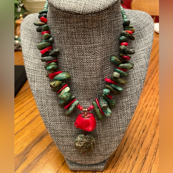 Turquoise and coral stones - hand crafted into this beautiful piece. Length @15” - Picture 3 of 6